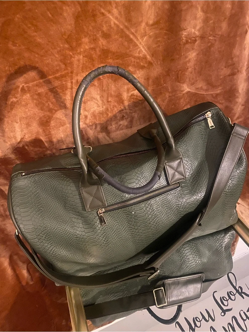 Men's Olive Green Faux-Snakeskin Duffle Bag -
